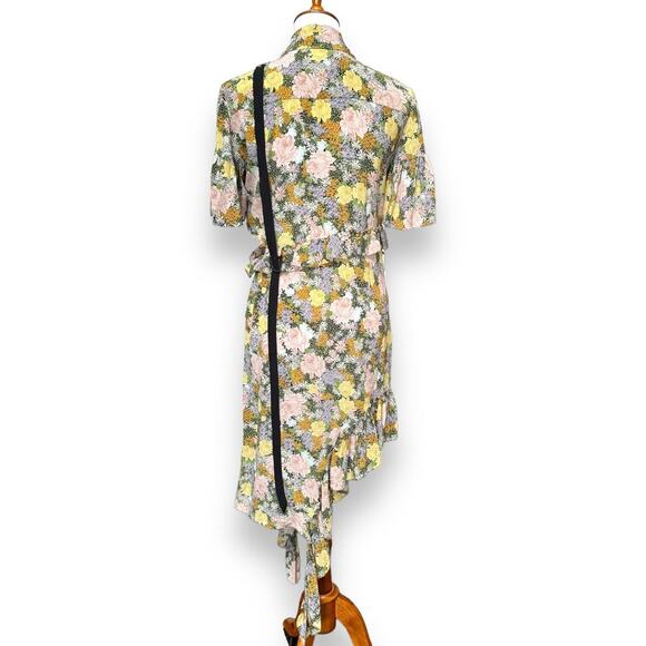 Rokh Womens Slit Frill Dress Multicolor Floral Short Sleeve Asymmetric S… - Picture 3 of 13